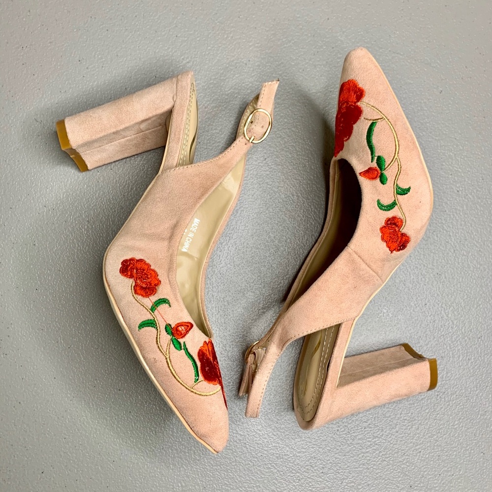 Nude Pointed Toe Heels Red Embroidery